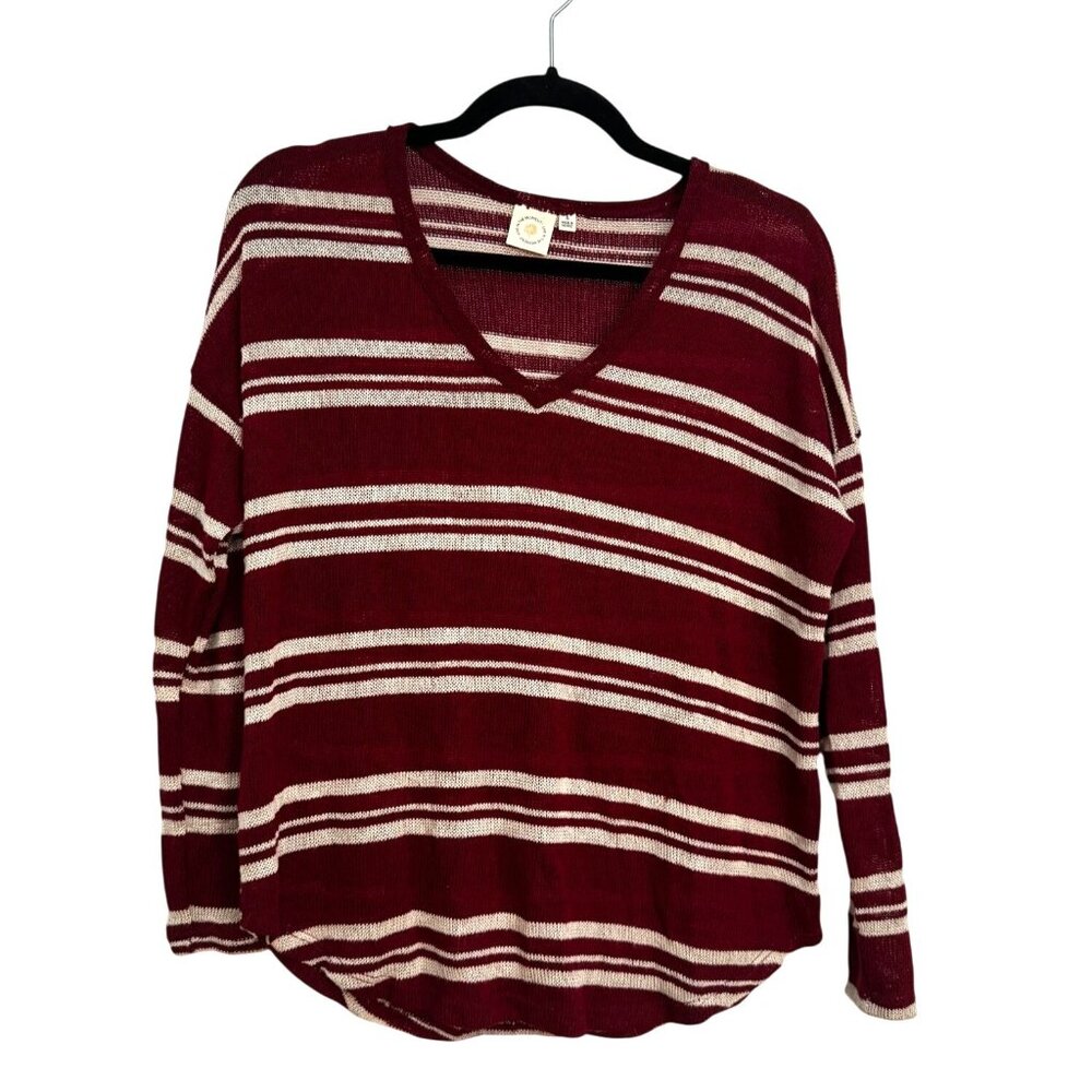 Live The Moment Small Striped V-Neck Sweater Burgundy Beige Pullover Knitted